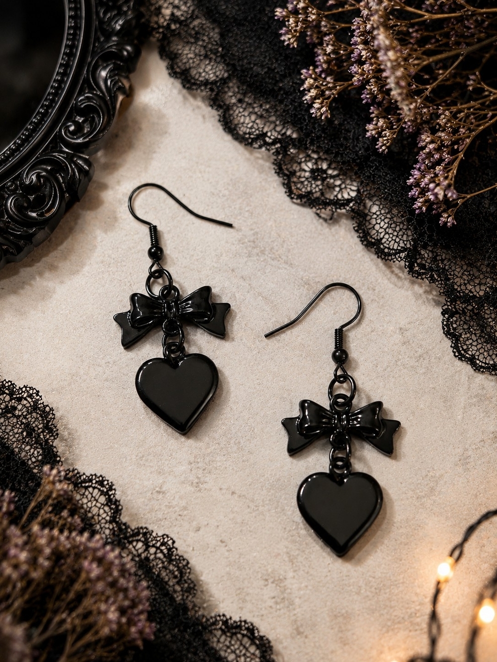 NEW Black Bow Heart Dangle Earrings Gothic Coquette